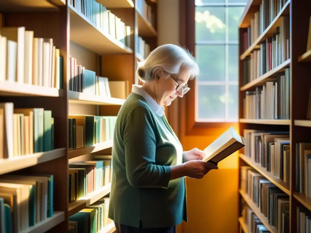 Un bibliotecario anciano organiza libros con delicadeza, bañado por la cálida luz del sol