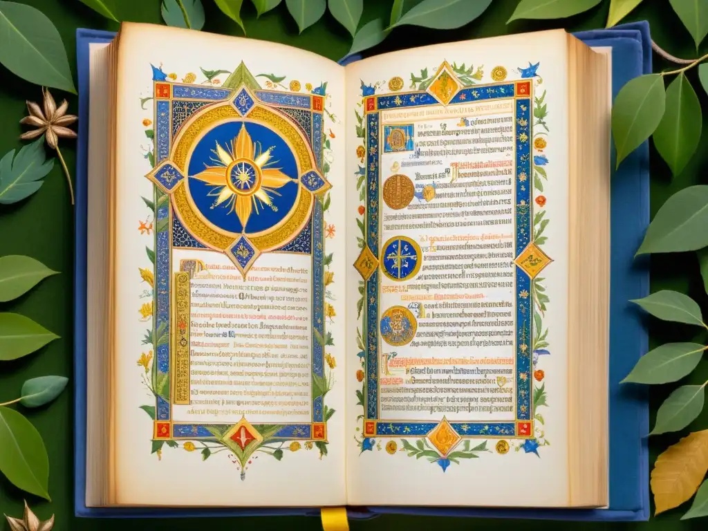 Hildegarda de Bingen en manuscrito iluminado con filosofía medieval, rodeada de ilustraciones botánicas y celestiales detalladas