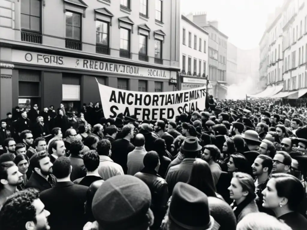 Una fotografía en blanco y negro de una animada discusión sobre la evolución del anarquismo moderno en una concurrida calle de la ciudad