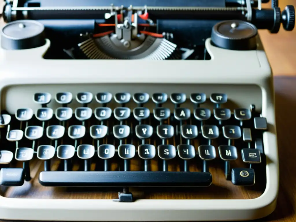 Una fotografía en blanco y negro de una antigua máquina de escribir, con detalles intrincados en las teclas y un aire de profundidad filosófica y herramientas literarias atemporales