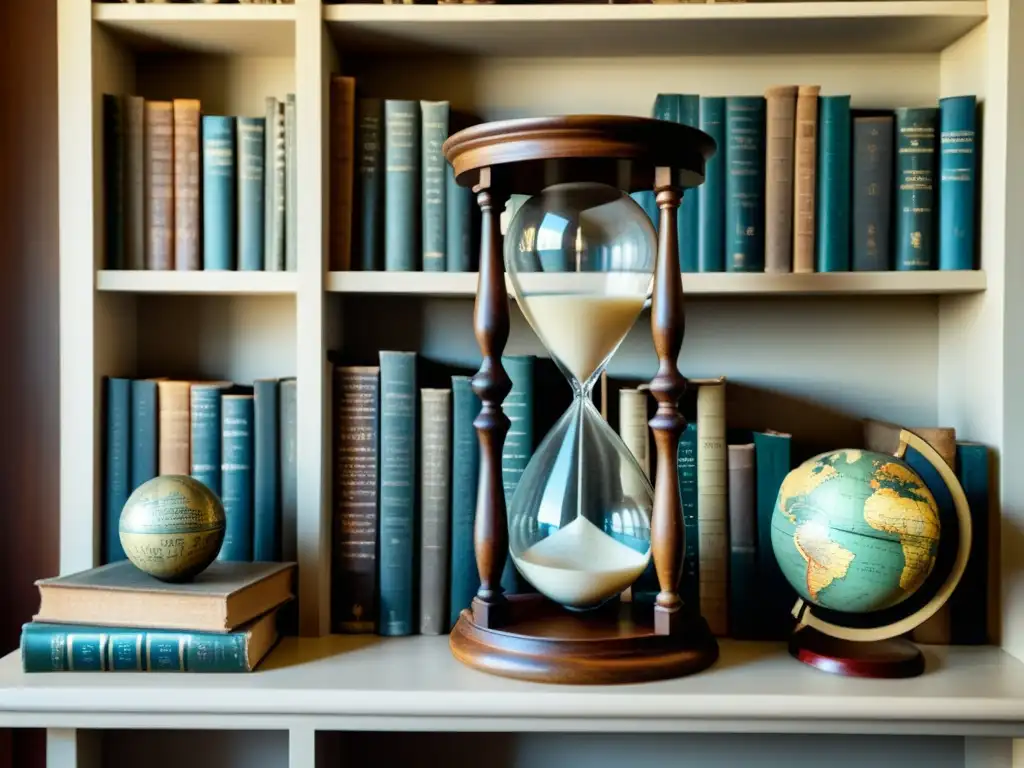 Una fotografía en blanco y negro de un antiguo reloj de arena sobre libros y globos antiguos, evocando sabiduría atemporal y exploración intelectual