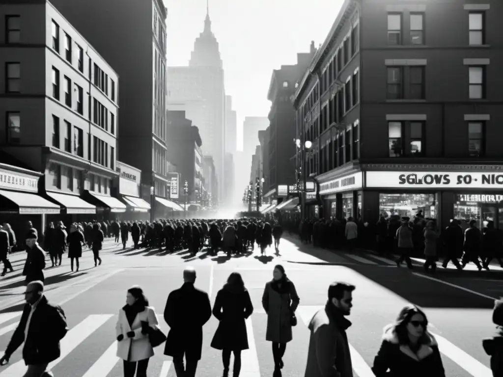 Una fotografía en blanco y negro de una bulliciosa calle de la ciudad, evocando el absurdo de la existencia en Synecdoche
