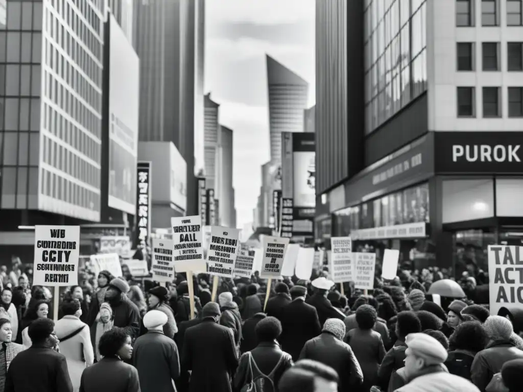 Una fotografía en blanco y negro de una bulliciosa calle de la ciudad, con edificios imponentes y gente diversa participando en actividades variadas