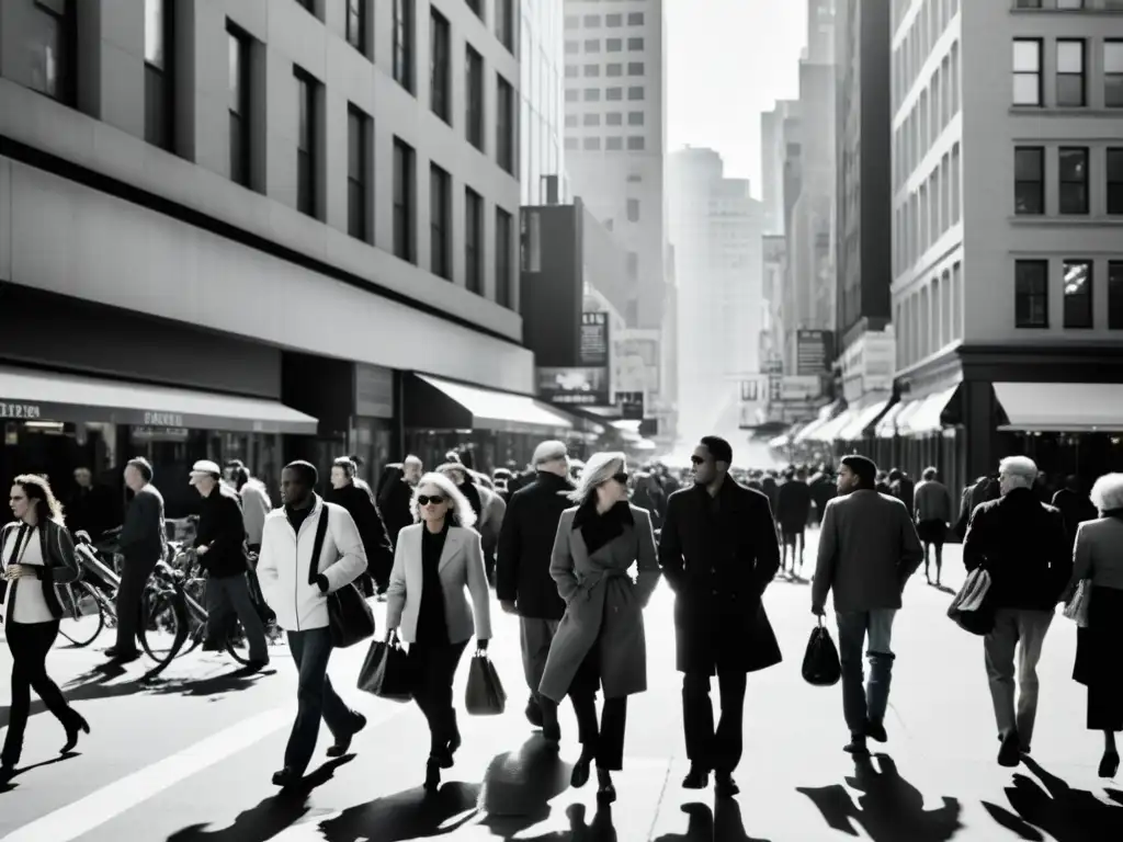 Una fotografía en blanco y negro de una bulliciosa calle de la ciudad, donde personas de diversas edades y orígenes llevan a cabo sus vidas diarias