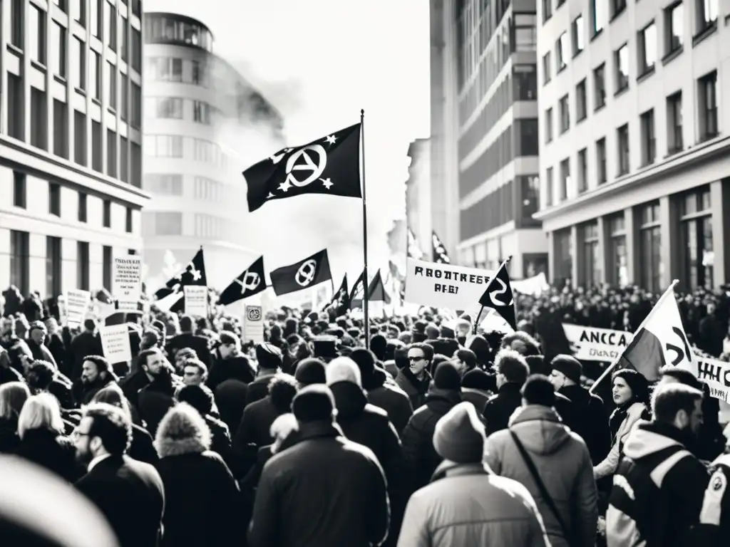 Una fotografía en blanco y negro de una calle abarrotada de una ciudad, con una marcha de protesta donde la gente sostiene pancartas y banderas con símbolos anarquistas