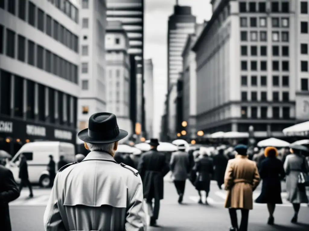 Una fotografía en blanco y negro muestra una ciudad bulliciosa y un personaje solitario reflexivo