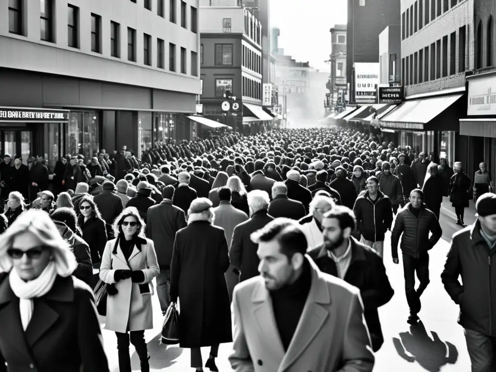Una fotografía en blanco y negro de una concurrida calle de la ciudad, capturando la diversidad y complejidad de la existencia urbana moderna