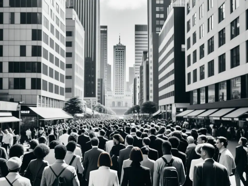Una fotografía en blanco y negro de una concurrida calle de la ciudad, destacando el contraste entre el individualismo y el colectivismo en filosofía, con personas caminando en diferentes direcciones