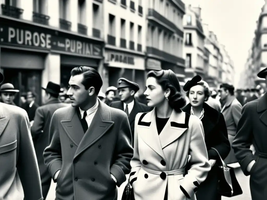 Una fotografía en blanco y negro de una concurrida calle parisina en los años 40, capturando la esencia del existencialismo como filosofía de libertad, con personas caminando con determinación y sumergidas en pensamientos profundos