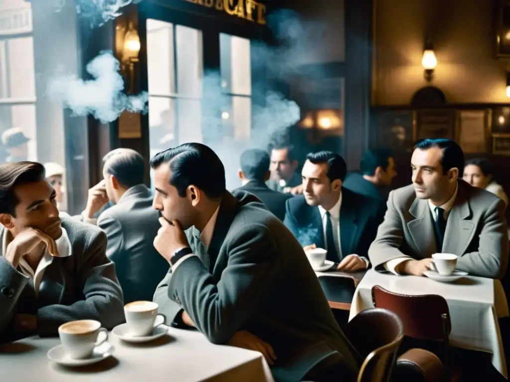 Una fotografía en blanco y negro de un concurrido café parisino de la década de 1950, donde intelectuales debaten apasionadamente