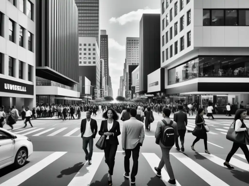 Una fotografía en blanco y negro muestra la diversidad cultural en una bulliciosa calle de la ciudad
