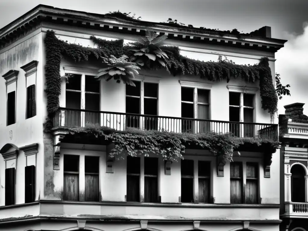 Una fotografía en blanco y negro muestra un edificio colonial en ruinas, con enredaderas y ventanas rotas