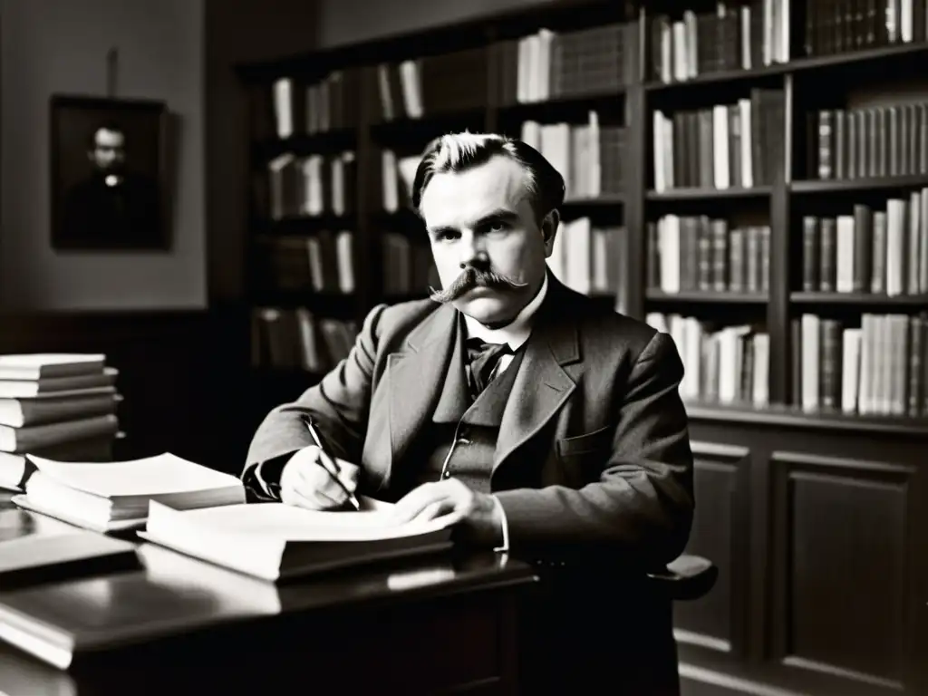 Retrato de Friedrich Nietzsche: Sabiduría en la penumbra Fotografía en blanco y negro de Friedrich Nietzsche en su escritorio, rodeado de libros y papeles, con una expresión contemplativa