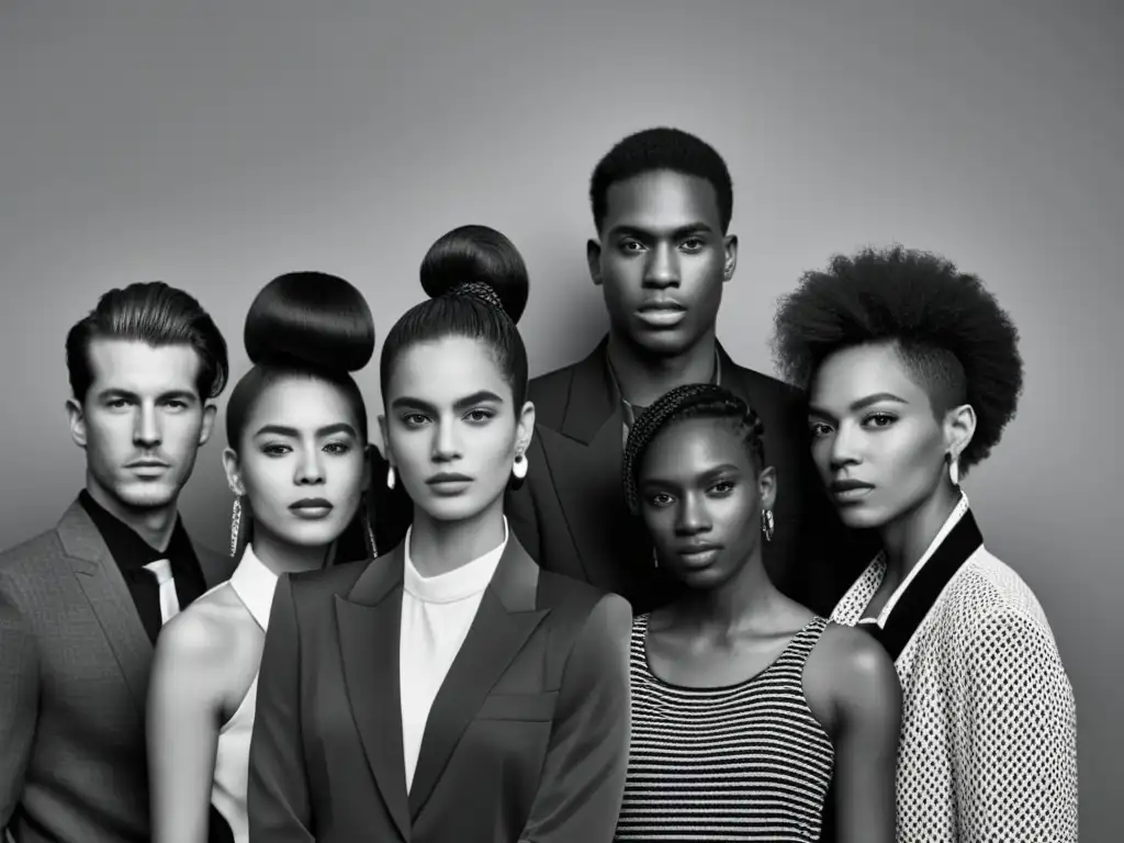 Una fotografía en blanco y negro de un grupo diverso que expresa su identidad de género a través de su vestimenta, peinados y lenguaje corporal