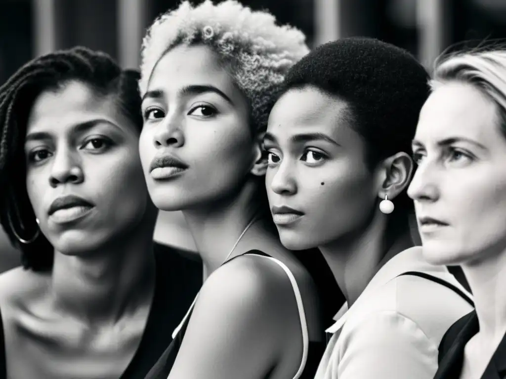 Una fotografía en blanco y negro de un grupo diverso en profunda conversación, reflejando la complejidad de la identidad humana