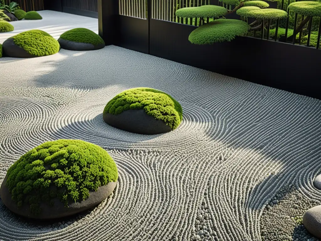 Una fotografía en blanco y negro detalla un jardín Zen con patrones de grava, rocas y musgo