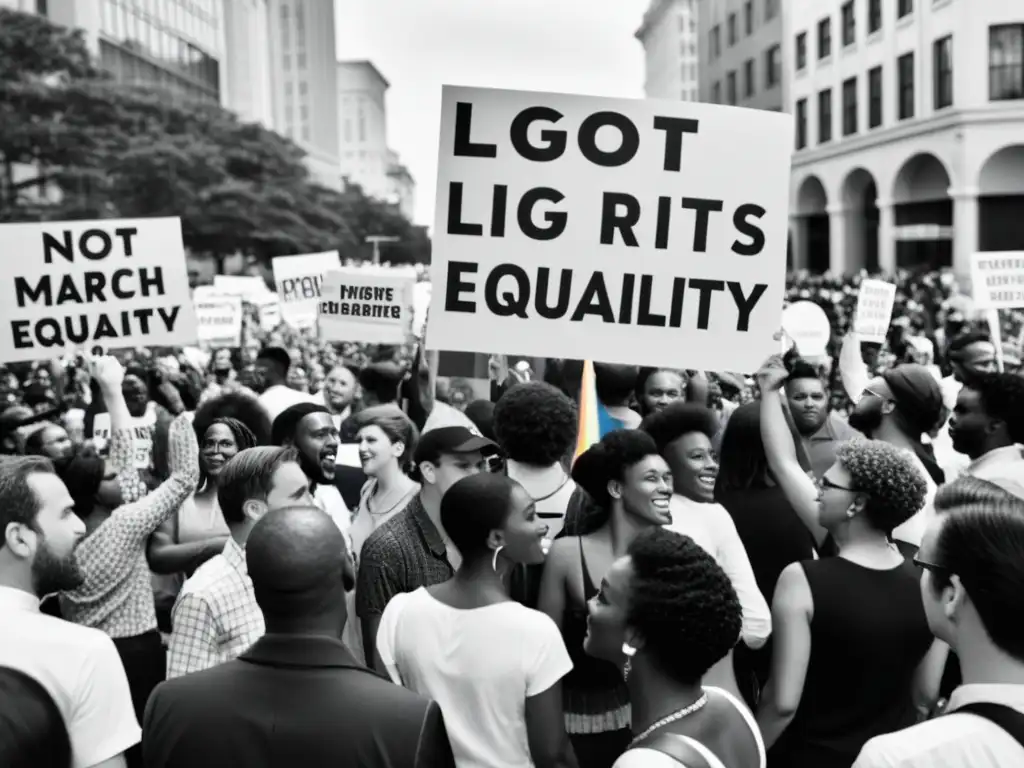 Una fotografía en blanco y negro de una protesta con pancartas por los derechos LGBTQ+ donde se ve la pasión y determinación de los manifestantes