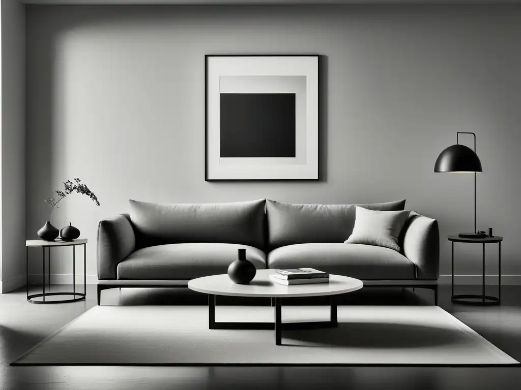Una fotografía en blanco y negro de una sala de estar minimalista que evoca la serenidad y la Filosofía de la simplicidad Diógenes