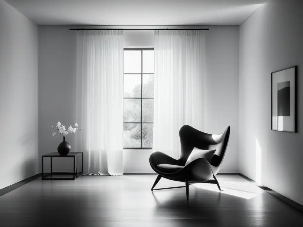 Una fotografía en blanco y negro de un sereno y minimalista espacio vital