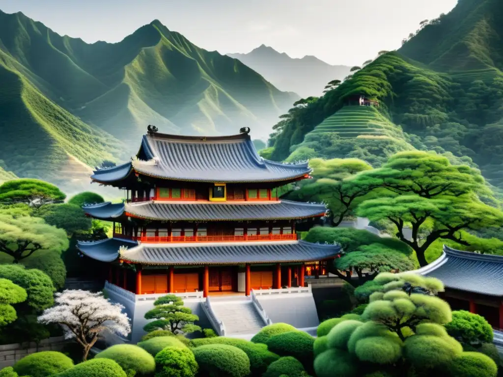 Una ilustración en blanco y negro de un templo confuciano tradicional en un paisaje de montaña sereno, evocando la esencia atemporal del Confucianismo y su relevancia en los derechos humanos globales
