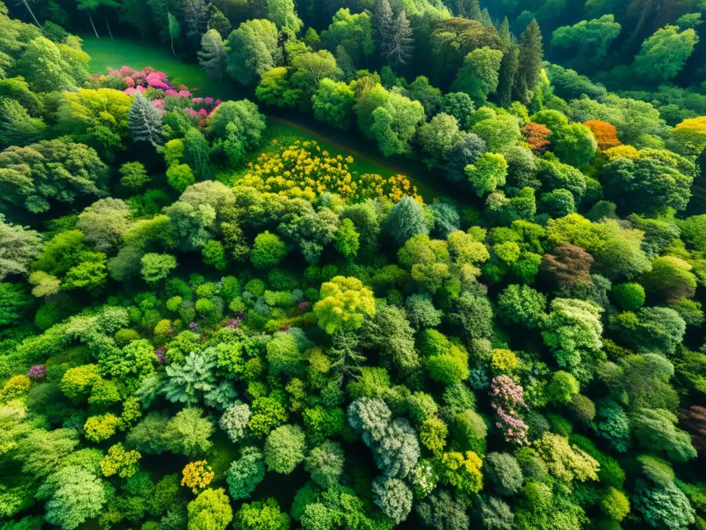 Invertir en bonos verdes filosofía: Imponente bosque verde, luz solar entre ramas, vida silvestre y flores
