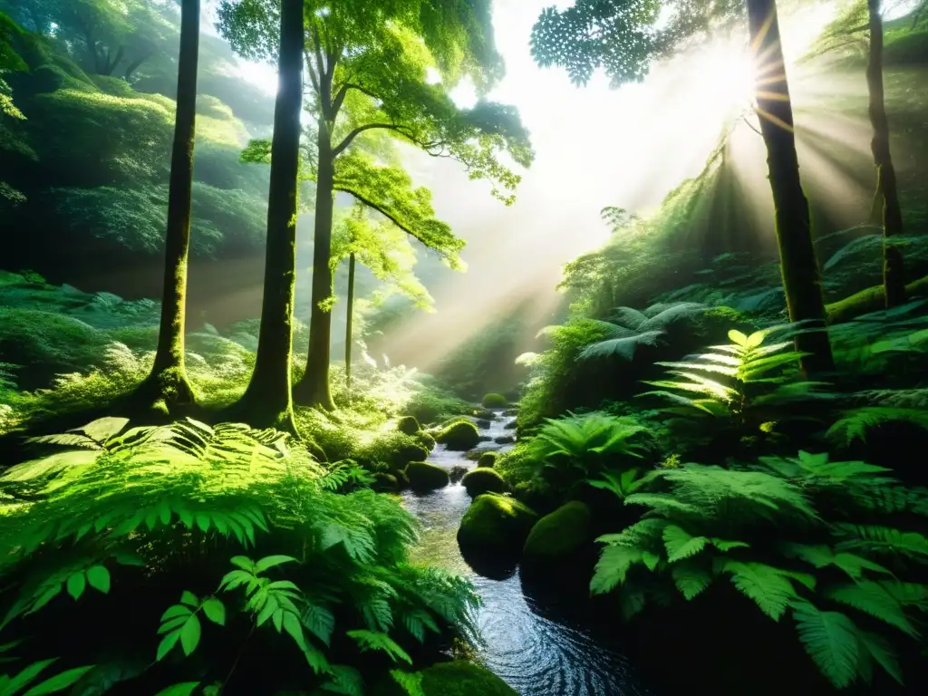 Invertir en bonos verdes filosofía: Imponente bosque con luz solar entre el dosel, reflejando sabiduría y armonía natural