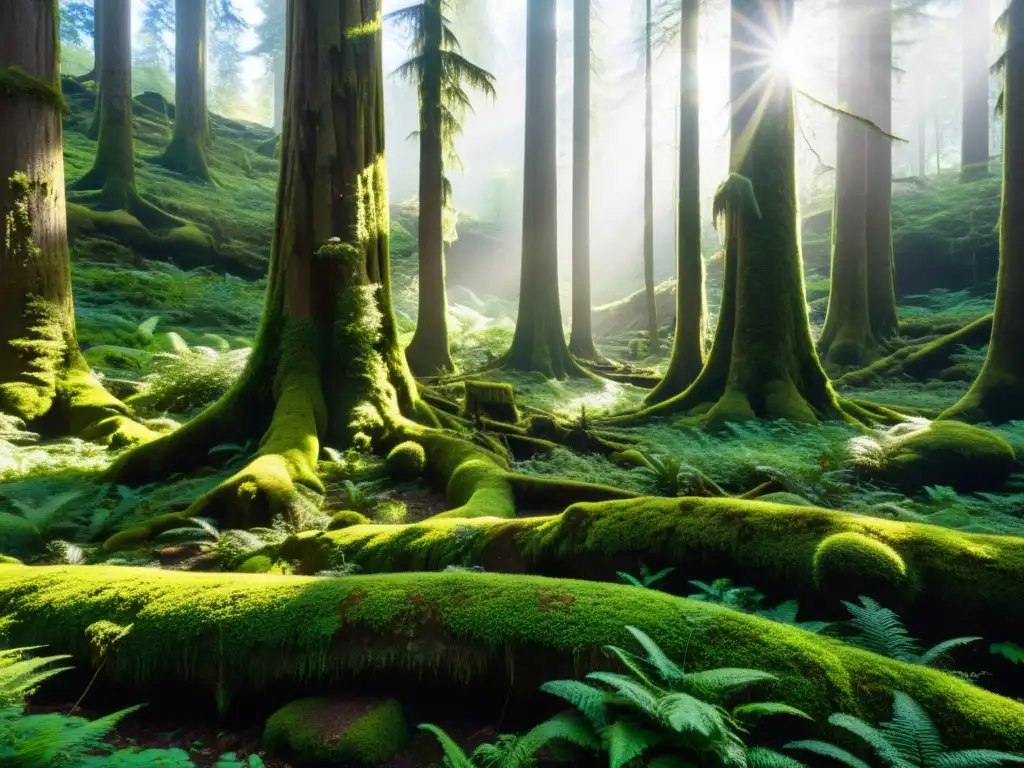Un bosque antiguo exuberante con árboles imponentes y musgo verde vibrante, donde la ecología profunda redefine la relación con el planeta