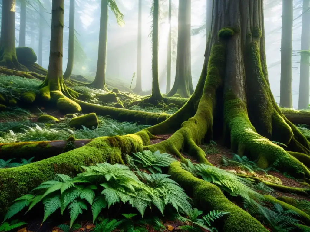 Un bosque antiguo exuberante con árboles majestuosos y una atmósfera de serena tranquilidad