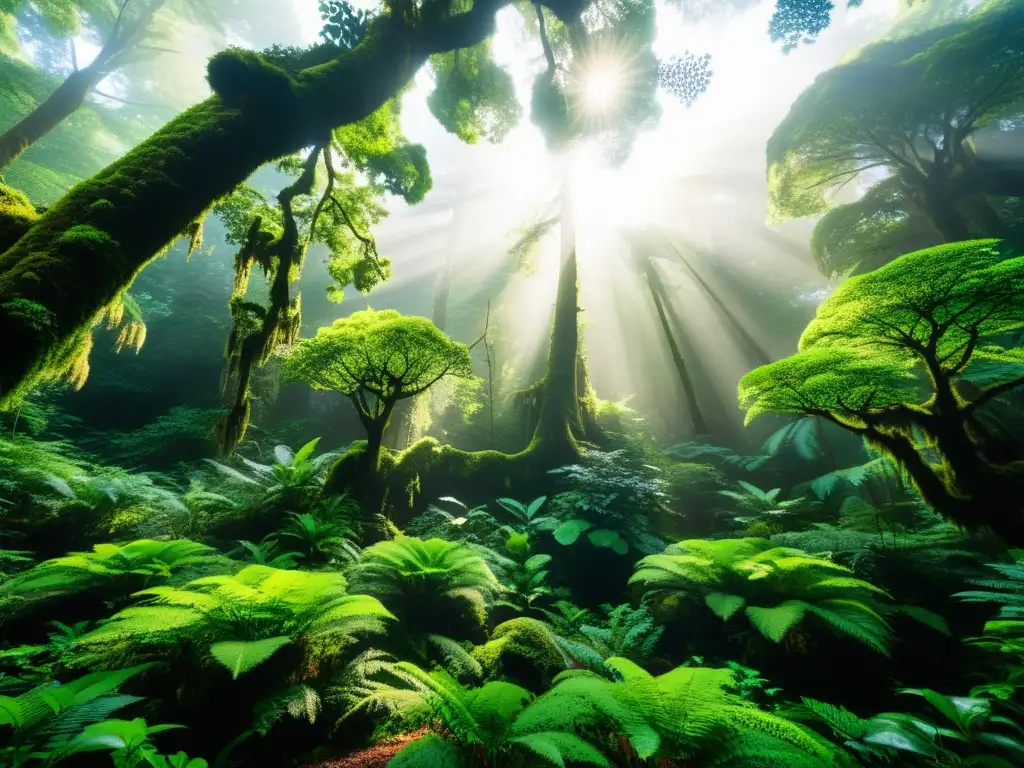 Un bosque antiguo exuberante con árboles cubiertos de musgo, luz solar filtrándose y vida diversa
