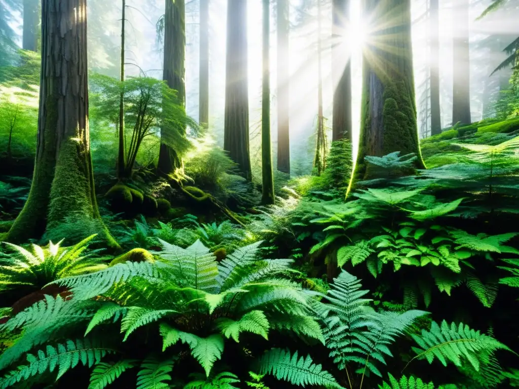 Un bosque antiguo majestuoso con árboles enormes que se elevan hacia el cielo, formando un dosel exuberante