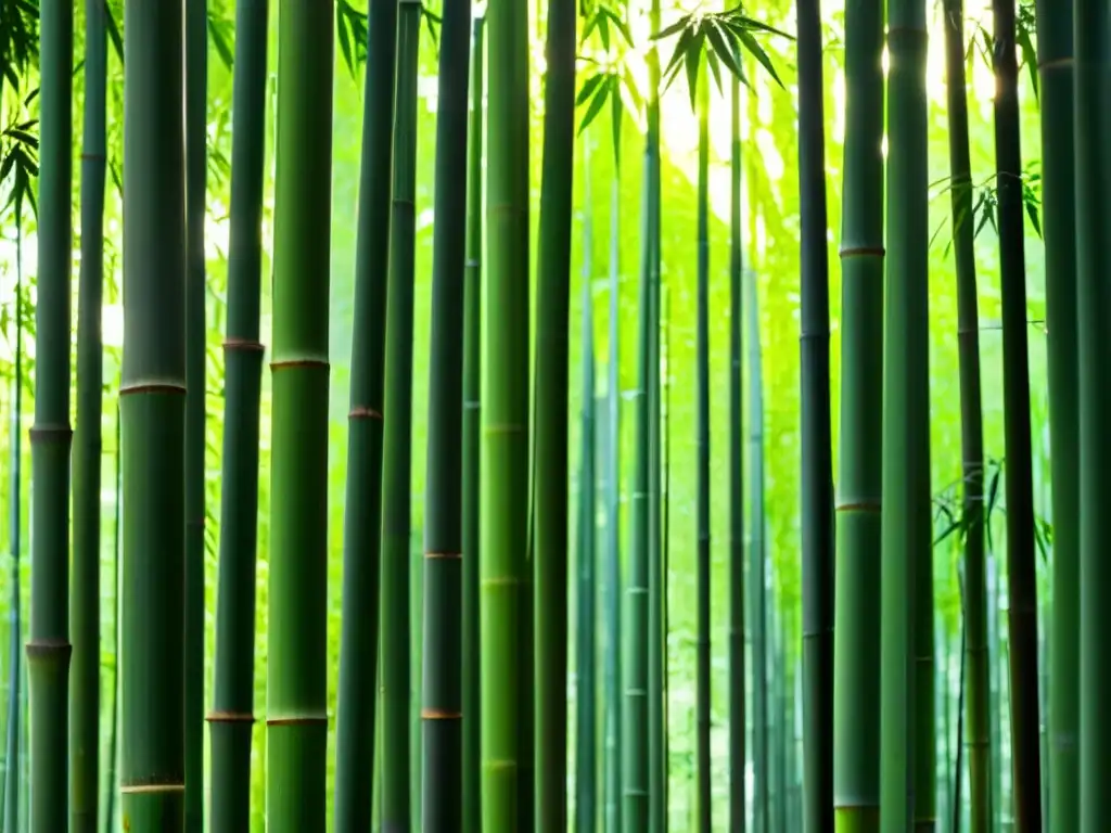 Un bosque de bambú sereno y exuberante, con luz filtrándose a través del follaje, proyectando patrones en el suelo