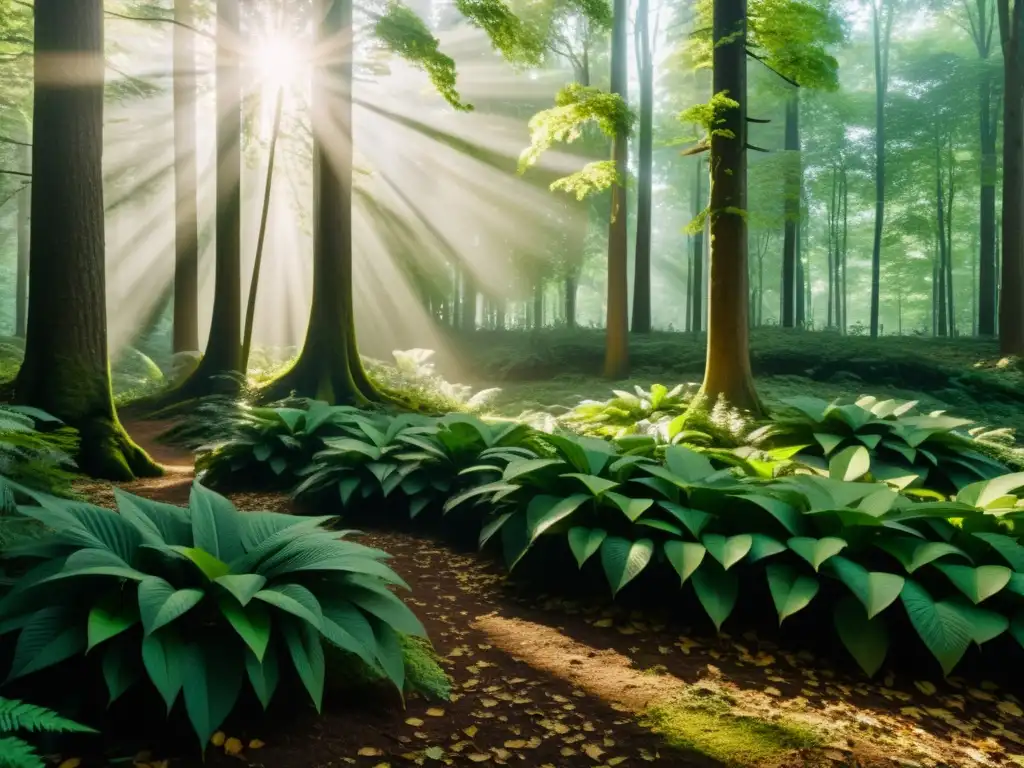 Un bosque denso y misterioso, con luz solar filtrándose entre las hojas, crea una atmósfera de percepción de la realidad Rashomon