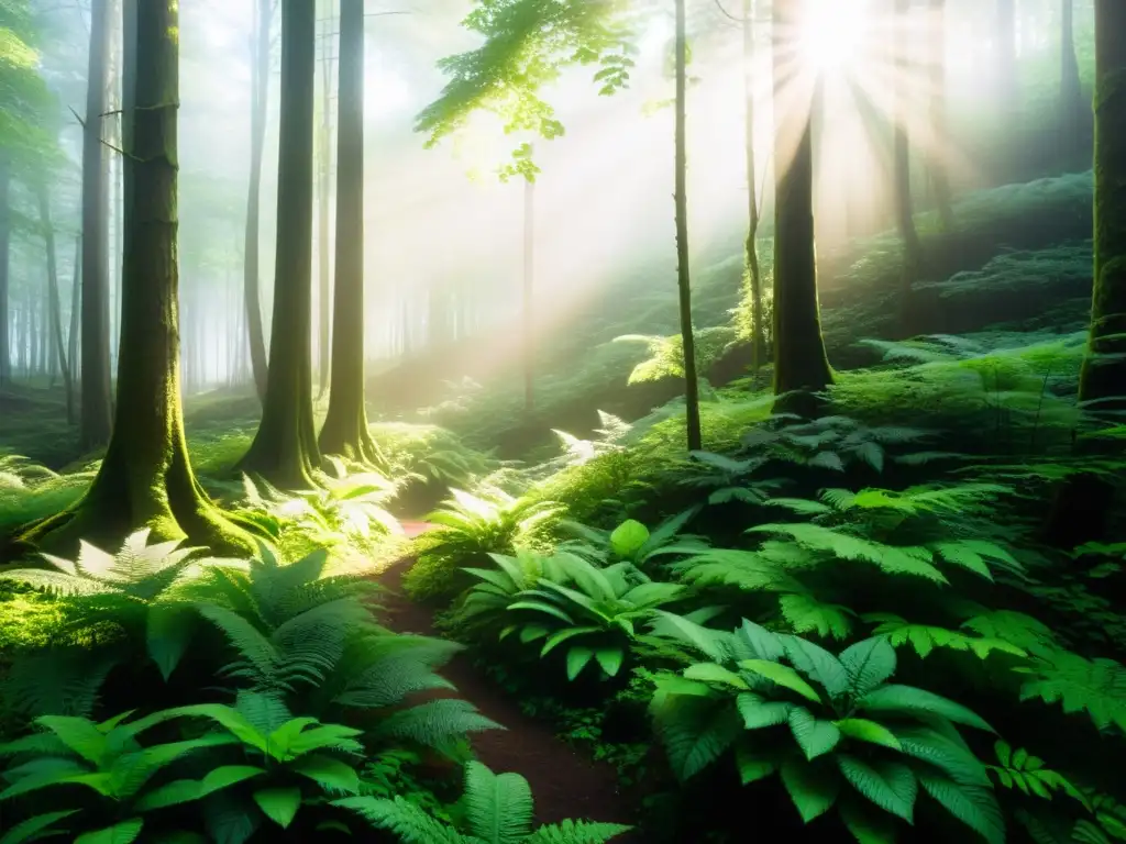 Un bosque exuberante bañado por la luz del sol, con una atmósfera etérea que invita a la libertad en el pensamiento filosófico
