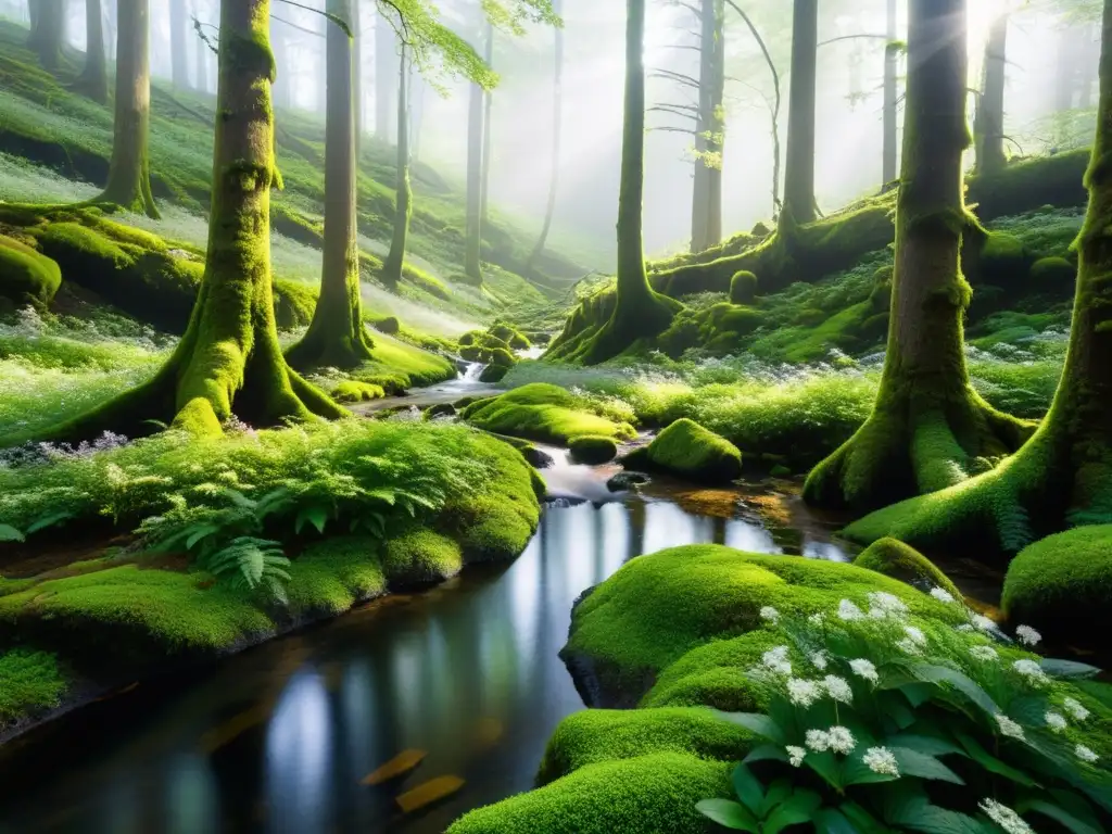 Un bosque exuberante y denso con árboles gigantes, formando un dosel que filtra la luz solar en tonos verdes dorados