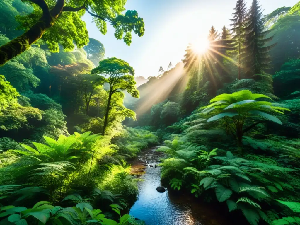 Un bosque exuberante y denso, bañado por la luz del sol