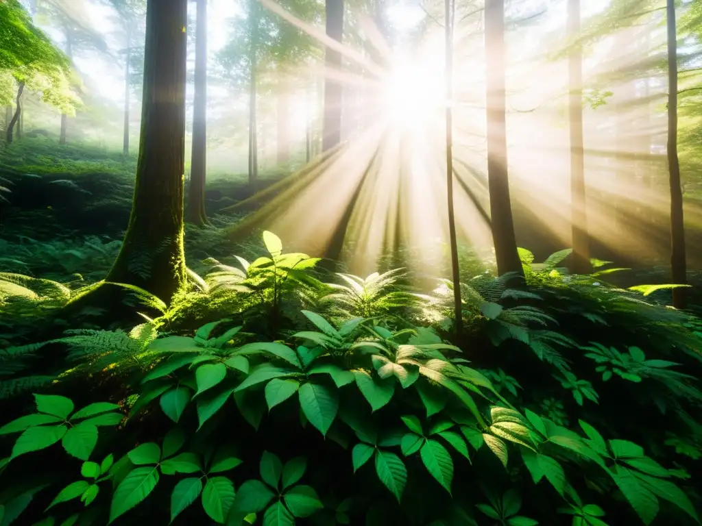 Un bosque exuberante y denso, con luz filtrándose a través de las hojas, creando un patrón de sombras y luz en el suelo