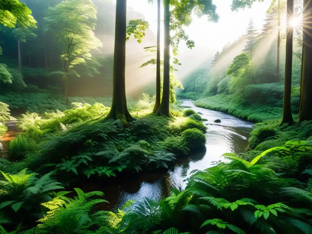 Un bosque exuberante y diverso, con luz filtrándose entre el dosel, río serpenteante al fondo