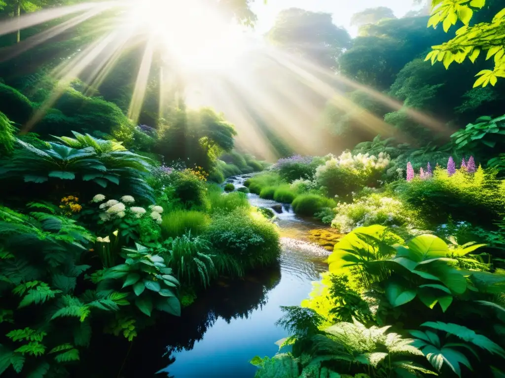 Un bosque exuberante donde la luz del sol ilumina plantas, flores y un arroyo, creando un ambiente de paz y biodiversidad