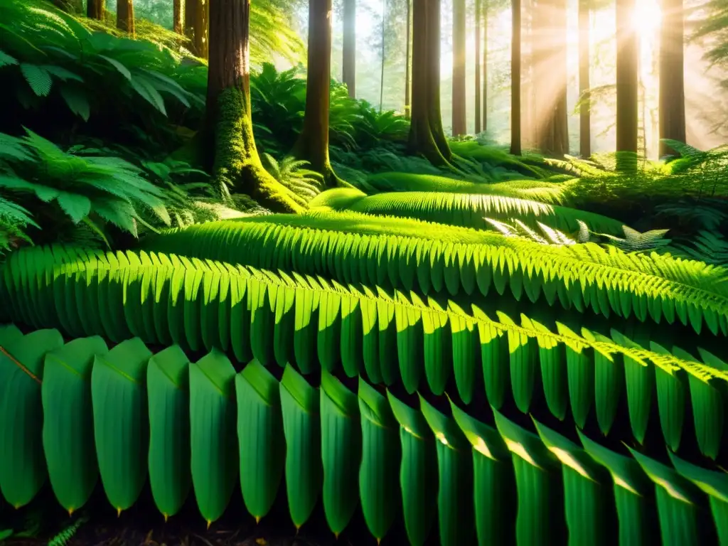 Un bosque exuberante con luz solar filtrándose a través del dosel, revelando una red de luces y sombras en el suelo