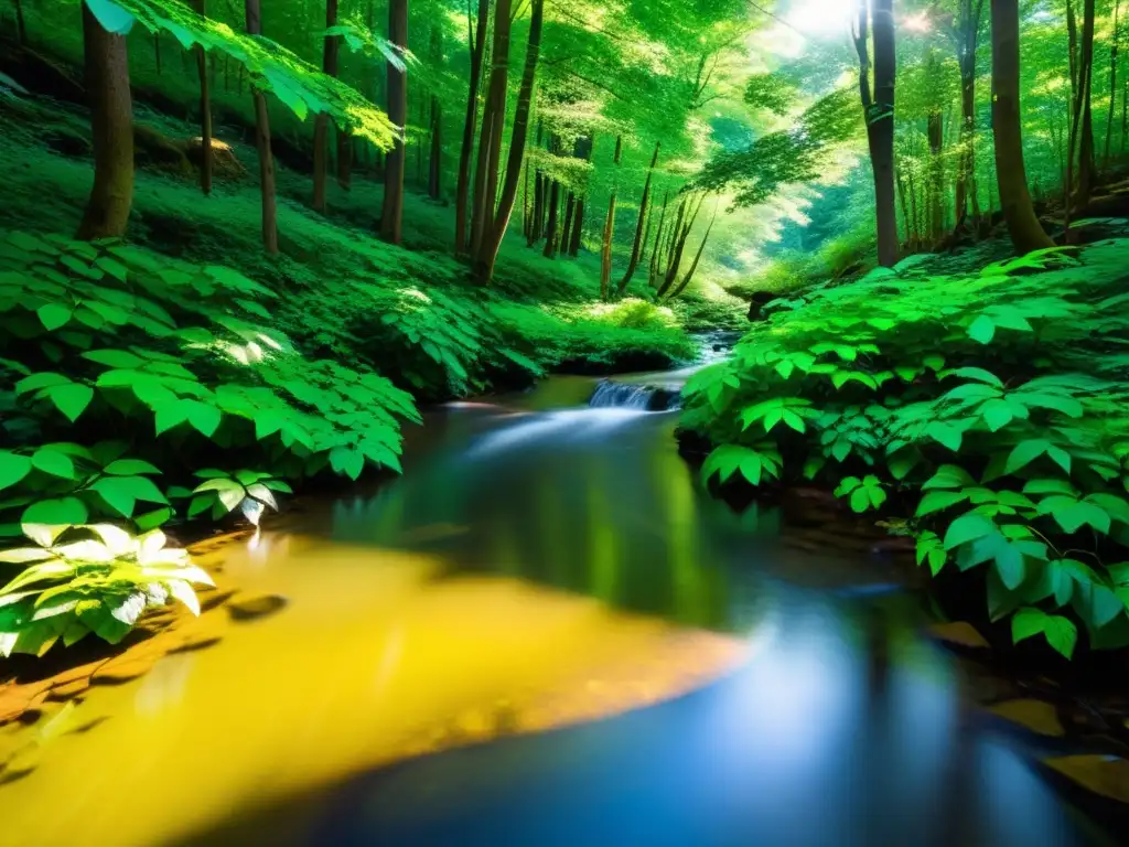 Un bosque exuberante con luz solar filtrándose a través del dosel, iluminando hojas verdes vibrantes y creando sombras moteadas en el suelo