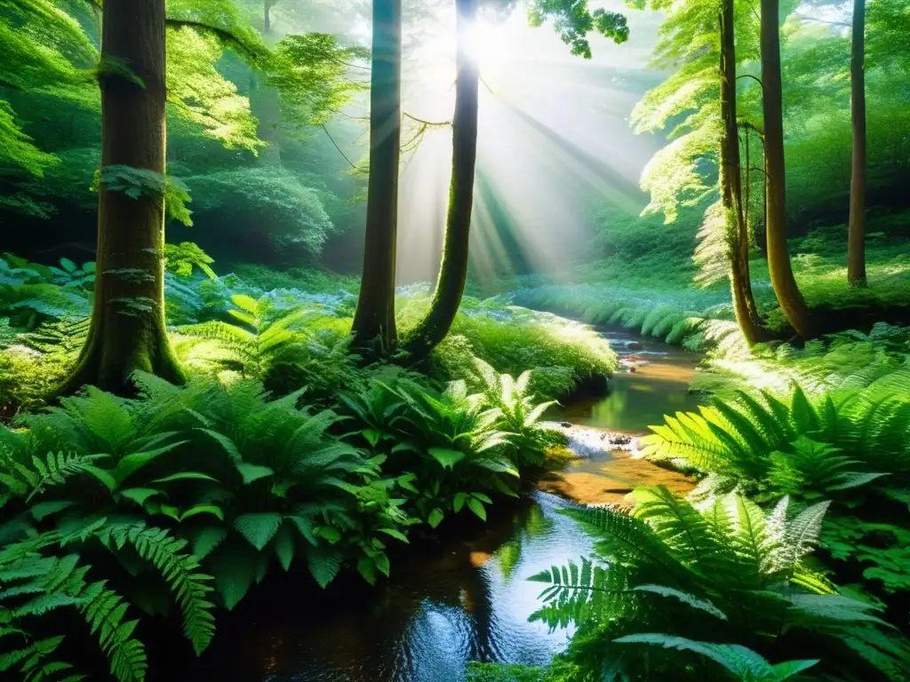 Un bosque exuberante con luz solar filtrándose entre el dosel, reflejando la ética ecológica en la filosofía ambiental