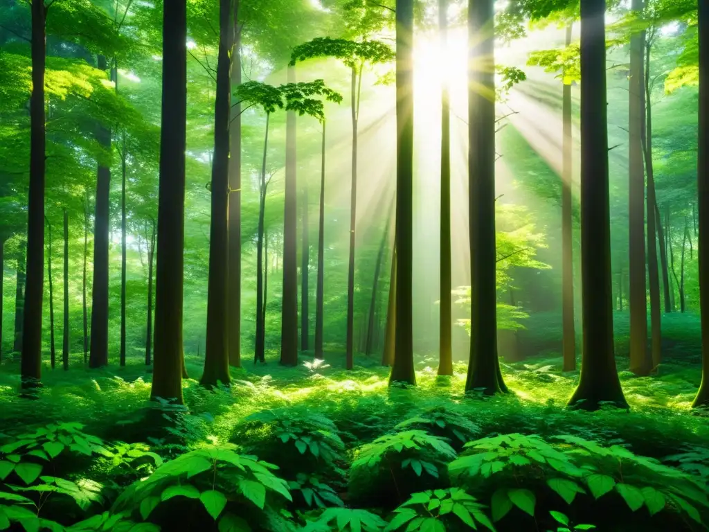 Un bosque exuberante con luz filtrándose a través del dosel, creando sombras en el suelo