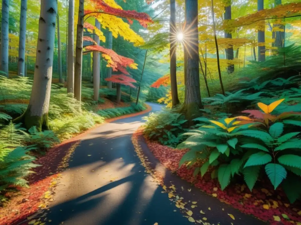 Un bosque exuberante en otoño en Nueva Inglaterra, con sendero serpenteante entre colores vibrantes