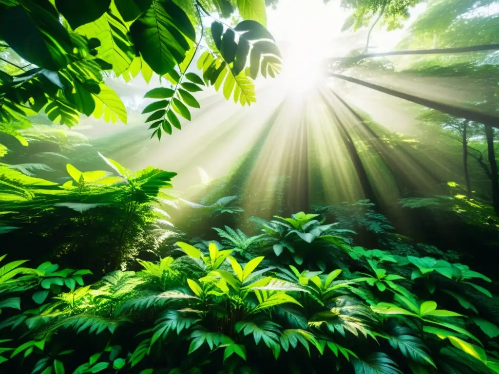Un bosque exuberante con rayos de sol entre el dosel resaltando hojas verdes vibrantes