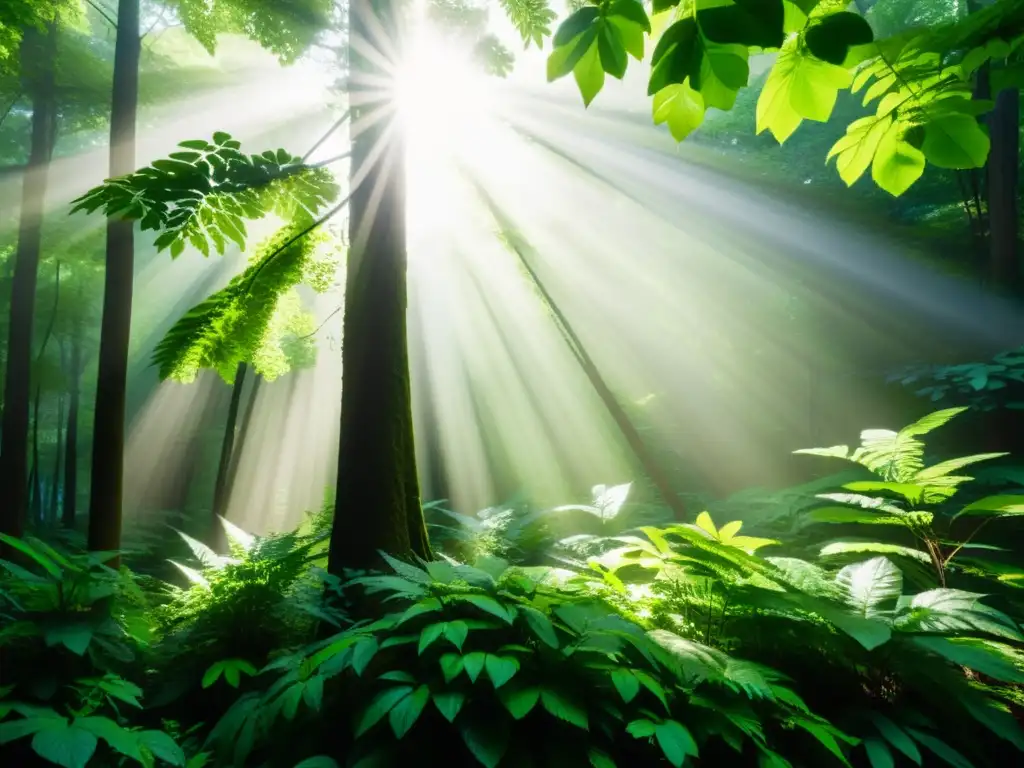 Un bosque exuberante con rayos de sol filtrándose entre el dosel, iluminando un ecosistema diverso