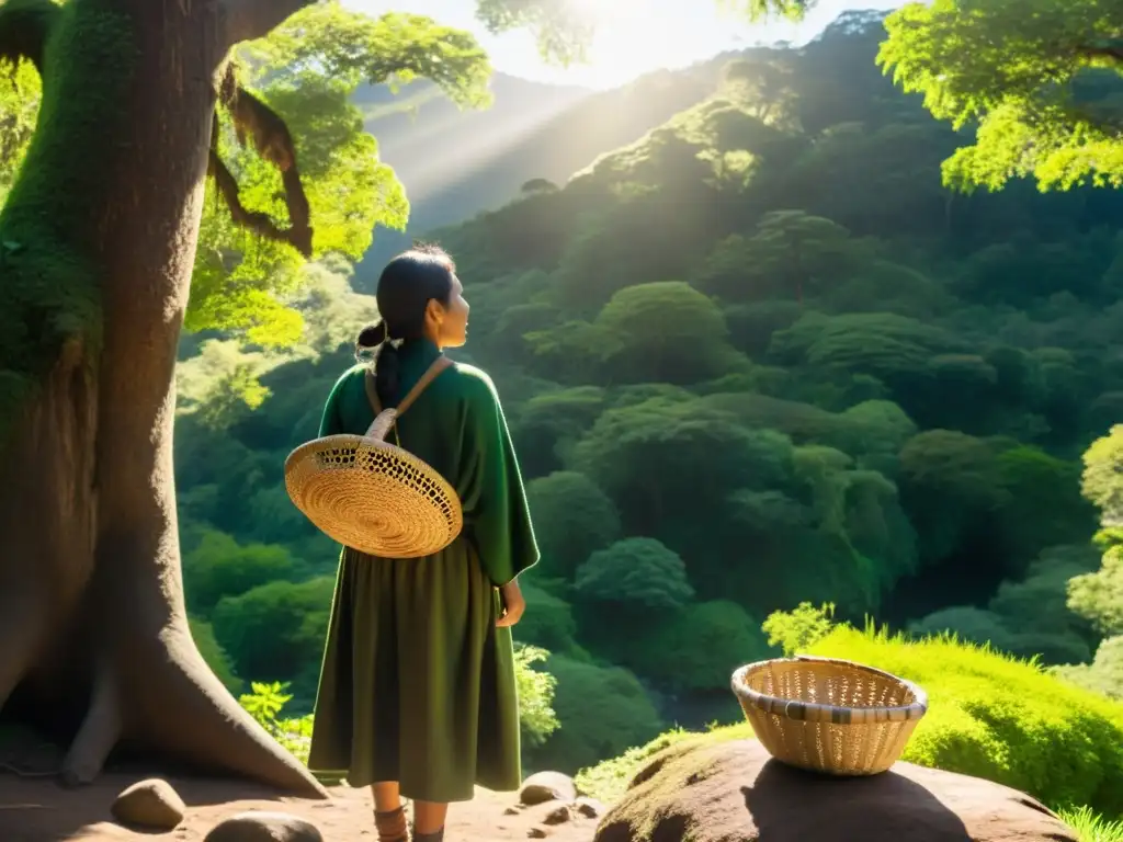 Espíritu Mapuche en el bosque ancestral Un bosque exuberante con un río, un mapuche en armonía con la naturaleza