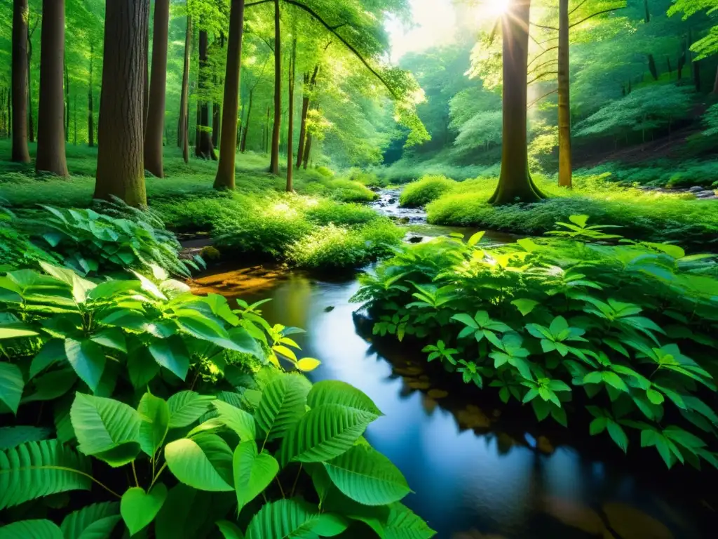 Un bosque exuberante y sereno, con luz solar filtrándose entre las hojas, creando sombras moteadas en el suelo