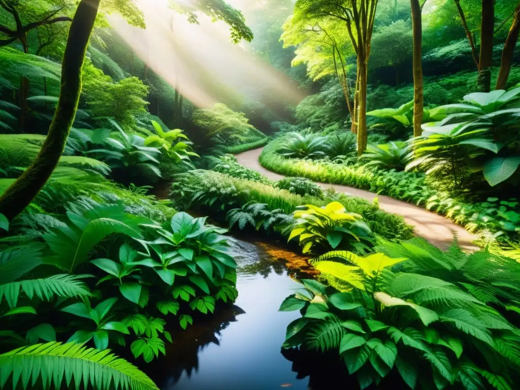 Un bosque exuberante y sereno con luz solar filtrándose entre el dosel, destacando un camino serpenteante rodeado de diversa vegetación