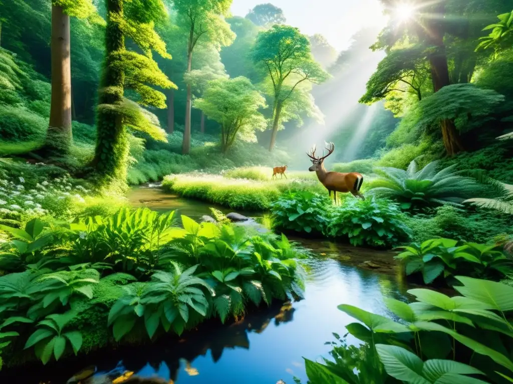 Un bosque exuberante y vibrante con diversa vida vegetal, un arroyo cristalino y animales en armonía
