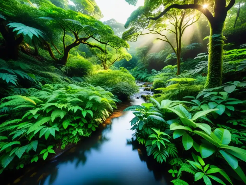 Un bosque exuberante y vibrante, con diversa flora y fauna; la luz del sol ilumina un arroyo